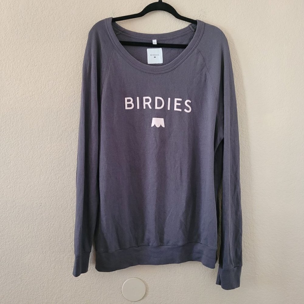 Birdies Womens Gray Crewneck Sweater Size Large Logo Terry Oversized Casual
